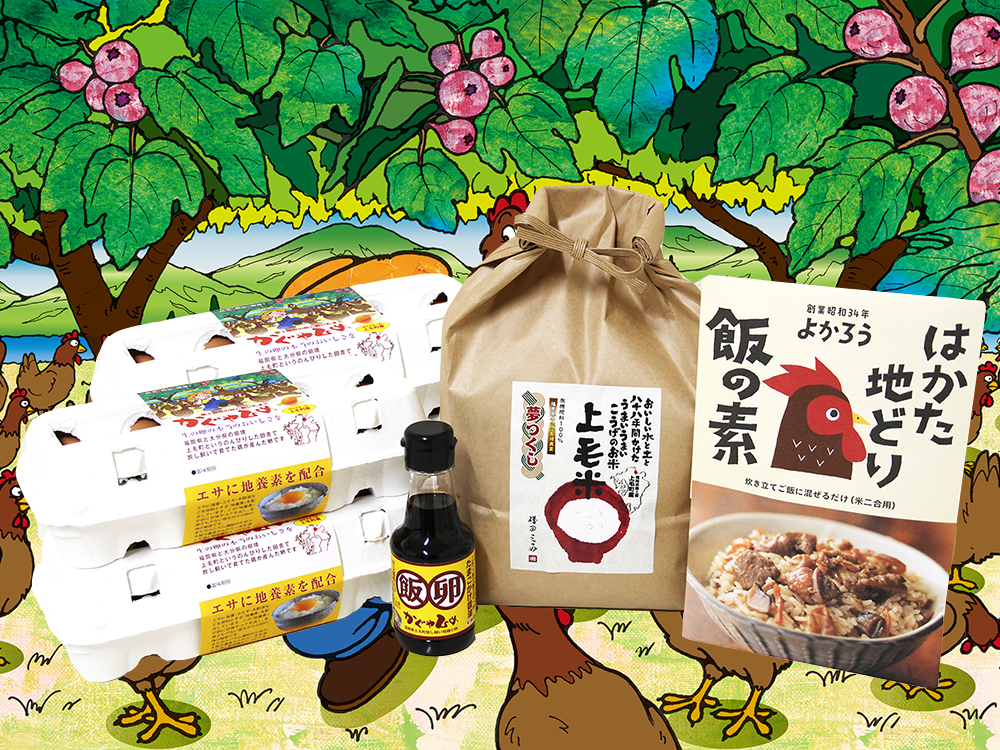 詰め合わせセット「地鶏飯付きTKG米3㌔セット」の写真(福岡県上毛町)